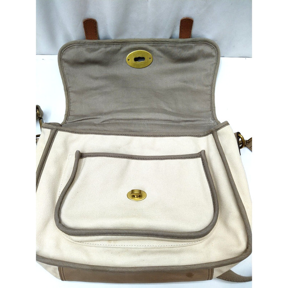 Fossil Long Live Vintage 54 Ivory Canvas Turnlock Flap Messenger Crossbody Bag - Picture 9 of 15